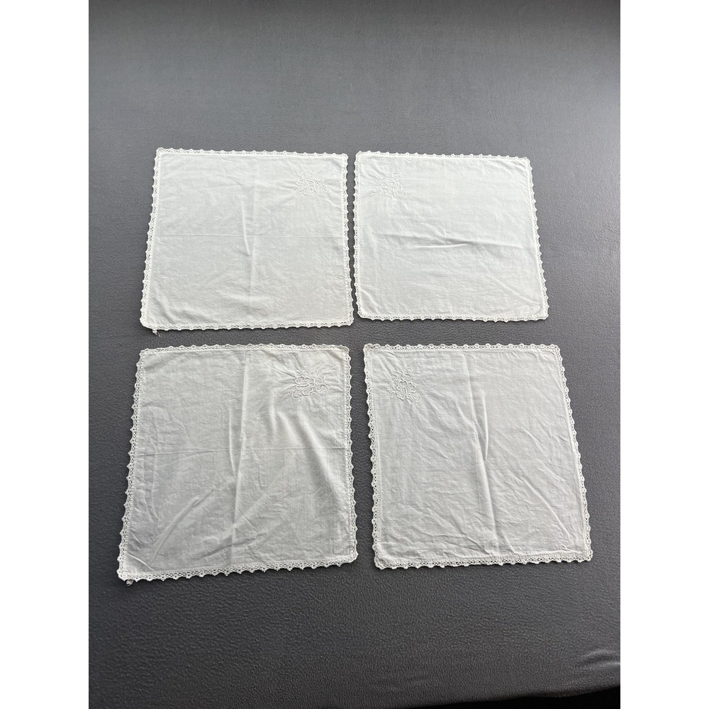 Lillian Vernon Set of 4 White Cotton Napkins Crochet Lace Edge Floral Embroidery
